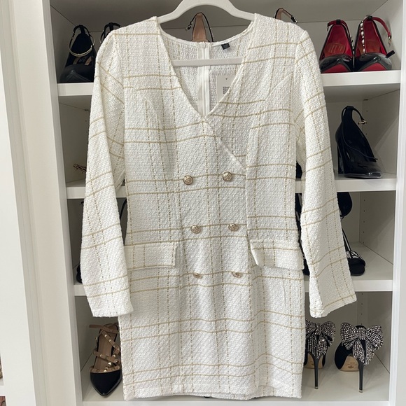 New  White Gold Tweed Dress Long Sleeve Ornamental Buttons Back Zip S - Picture 8 of 14